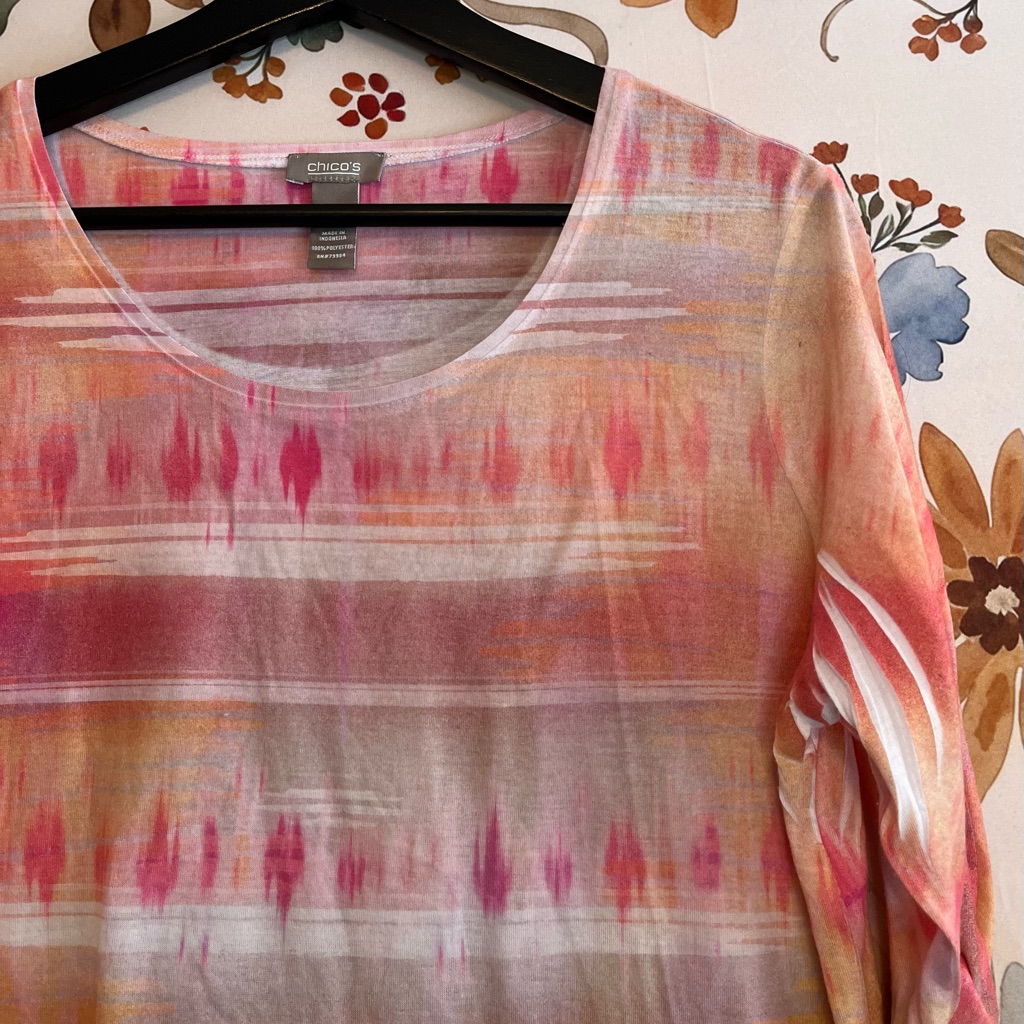 Chico’s 1/M Women’s Orange Pink Abstract Pleat Colorful Spring 3/4 Sleeve Tee
